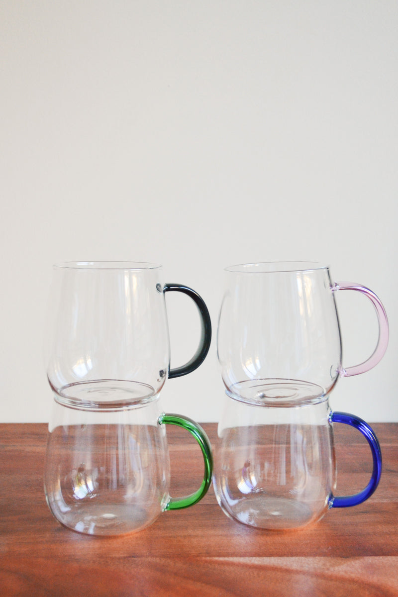 Set of Four Glass Mugs with Coloured Handles